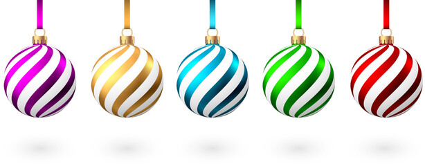 Red, blue, green, golden, purple  Christmas  ball  on white background.