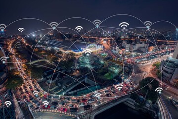 Cityscape and line effect network connection concept,Smart city,Business concept.