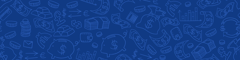 Doodle money seamless horizontal border. Outline hand drawn objects on blue chalkboard. Vector illustration.