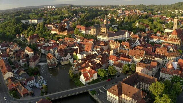 Aerial view, flight at old town with Bamberg Cathedral on the Regnitz, Bamberg, Upper Franconia, Bavaria, Germany,