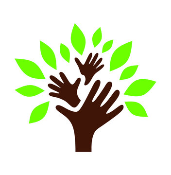 Hand tree logo.Vector drawing illustration of abstract tree silhouette with three brown arms hands and green leaves isolated on white.Happy family symbol icon sign.Protected childhood.