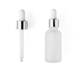 Serum bottle with pipette isolated on white background, top view. Close-up frosted glass container for skin care beauty product, above..Aromatherapy, essence or perfume blank - obrazy, fototapety, plakaty