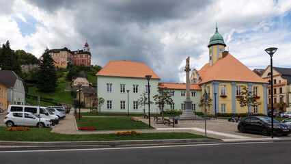 Fototapeta na wymiar Town Javornik with the Castle Jansky vrch , Rychlebske Mountains, Northern Moravia, Czech Republic
