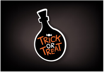 Trick or Treat scary lettering on a bottle. Vector Illustration isolated on black background for Halloween day.