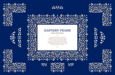 Vector blue frame, vignette, border, corner design template. Elements in Eastern style. Floral borders. arabic ornament. Isolated ornaments. Ornamental decoration for invitations, cards, certificates