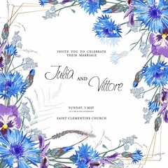 Floral wedding invitation card template design, wild cornflower, viola and forget-me-not on white,  vintage theme.