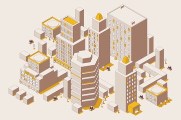 Outline mode isometric city with skyscrapers, trees and cars. Concept scene of business area with yellow and brown colors