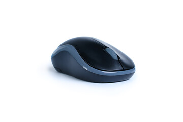 Black wireless mouse against white background