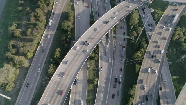 This video is of an aerial of heavy traffic on freeway in major city. This video was filmed in 4k for best image quality.