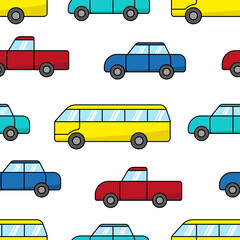 Bright multicolored cars isolated on white background. Bus, sedan, pickup. Cute transport seamless pattern. Side view. Vector flat graphic hand drawn illustration. Texture.
