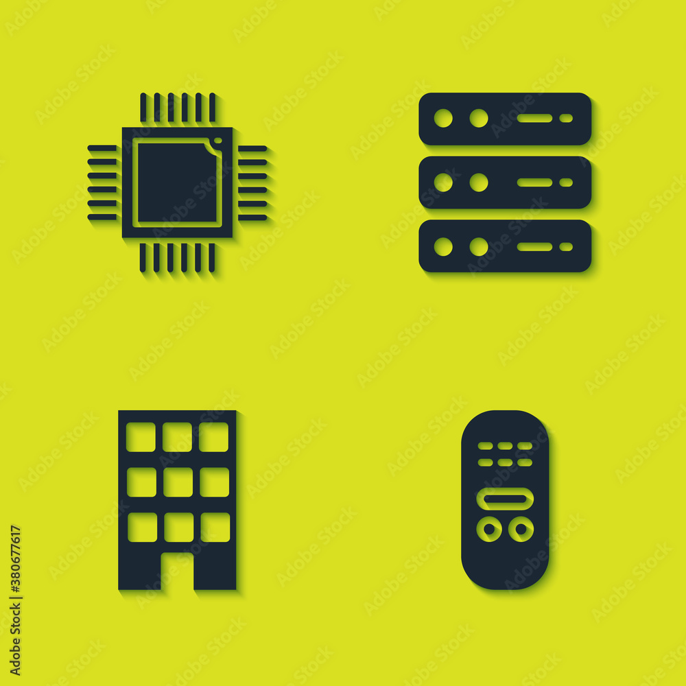 Poster set processor with microcircuits cpu, remote control, house and server, data, web hosting icon. vect