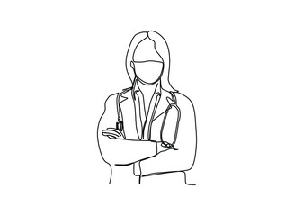  Continuous one line drawing vector illustration of a young female medical doctor in a surgical protective mask. 