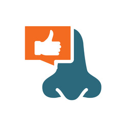 Nose with thumb up in chat bubble colored icon. Healthy olfactory organ symbol