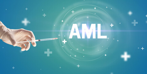 Obraz na płótnie Canvas Syringe needle with virus vaccine and AML abbreviation, antidote concept