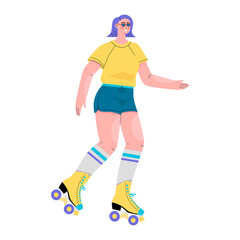 Roller skating happy young girl vector hand drawn flat illustration. Inspirational poster with cute woman dancing, rolling on isolated background. Summer outdoor healthy activity sport in parks.