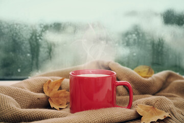 Cup of delicious hot drink, leaves and sweater on window sill
