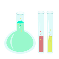  Vector chemical flasks, test-tubes with colorful liquid. Glassware for lab research. Glass bottles for reagents. Cartoon flat icons.