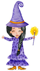 Black-haired witch in purple dress with mushrooms, witch's hat  and orange boots. Girl smiling.  With a magic wand in hand. Halloween witch costume. Isolated on white. Hand drawn watercolor element