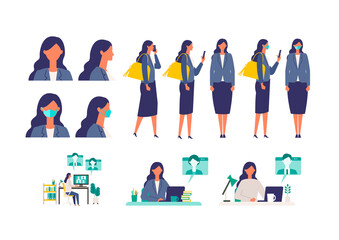 Set of masked businesswoman in different poses. Concept for teleworking.