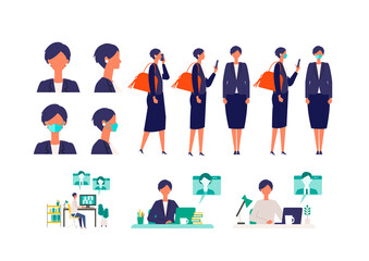 Set of masked businesswoman in different poses. Concept for teleworking.