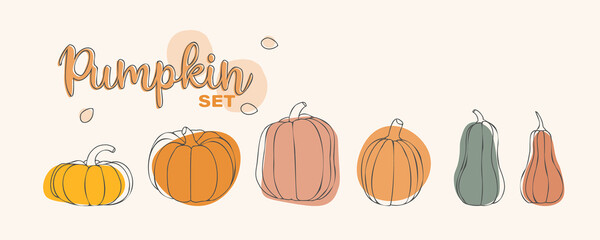 Pumpkin set. Vector illustration concept for Thanksgiving or Halloween day. Stylized pumpkins in various sizes and colors. For postcards, paper, textiles. Autumn concept and vegetable compositions - obrazy, fototapety, plakaty