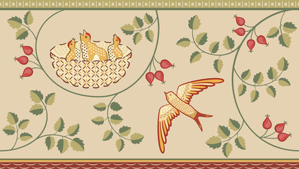 Floral and birds decorative border pattern on light background. Vector illustration. - obrazy, fototapety, plakaty