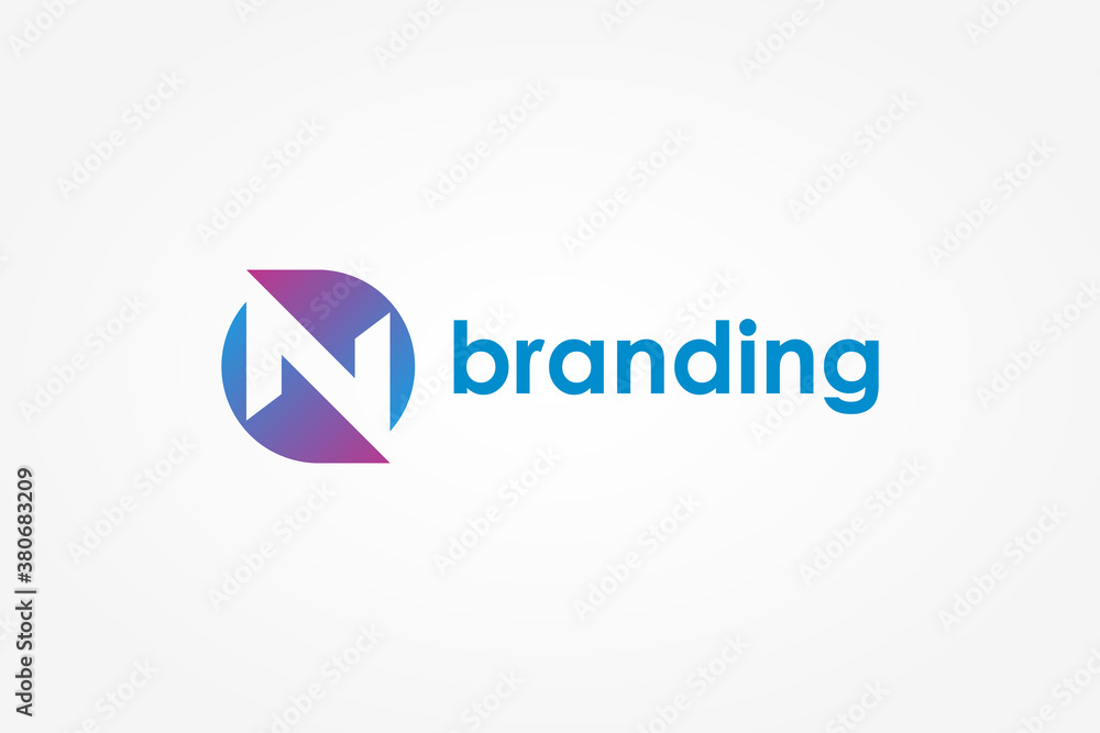 Poster simple initial letter n logo. blue and purple circle shape with negative space n letter inside. usab