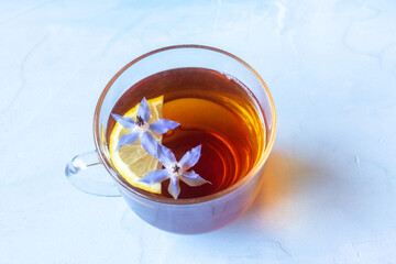 Mug of black tea and borage flowers on a blue background.