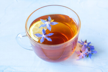 Mug of black tea and borage flowers on a blue background.