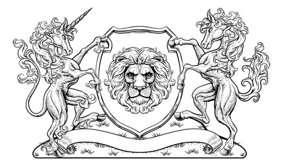 A crest coat of arms family shield seal featuring unicorn, horse and lion