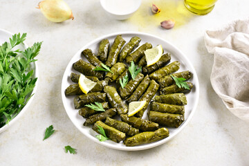 Dolma, stuffed grape leaves with rice and meat