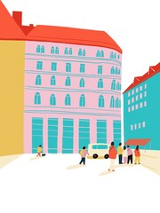 Simple and cozy street, people, small houses, cafe illustration. Abstract architecture drawing poster. Cartoon buildings illustration.Trendy homes with windows, roof and trees abstract illustration.