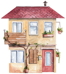 Fototapeta na wymiar Watercolor hand painted house with shutters on window and balcony with flower pots