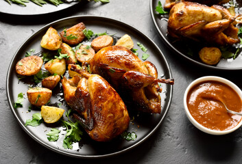 Close up of grilled quails carcasses