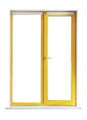 Modern plastic window with yellow frame on white background
