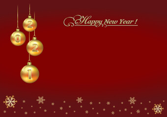 Happy New Year 2021. Festive background with 2021 golden numbers on hanging shiny balls. Template design for greeting card, poster with place for text, vector