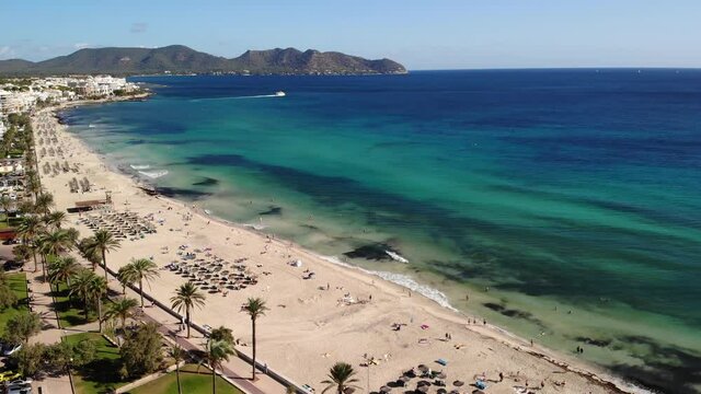 Cala Millor Beach, Mallorca Island Baleares, Spain. Aerial View of Mediterranean Sea, Riviera and Promenade, Drone Shot
