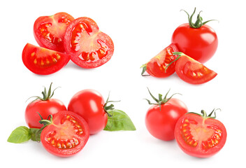 Set of ripe red tomatoes on white background