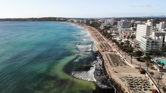 Cinematic Aerial View of Cala Millor Beachfront, Mallorca Balearic Island, Spain