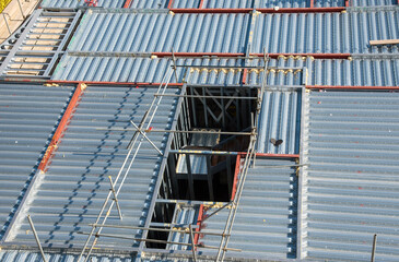 Kent, England, UK. 2020. An overview of commercial metalwork on a construction site of new build...