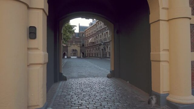 Usually busy Binnenhof parliament, Dutch political Square in The Hague, Netherlands , no people during Covid-19 lock down