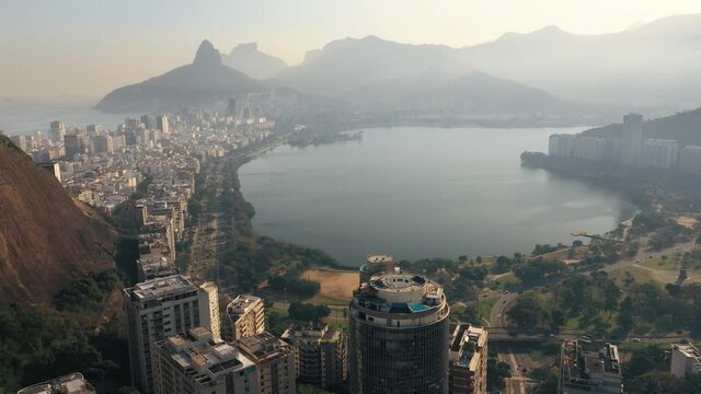 Rising Aerial View Of Apartment Buildings Around Lagoon, Ipanema, Rio De Janeiro