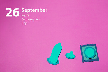Three mint blue mock-ups of the condom state were cut out of colored paper on a pink background....