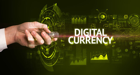 hand holding wireless peripheral with DIGITAL CURRENCY inscription, modern technology concept