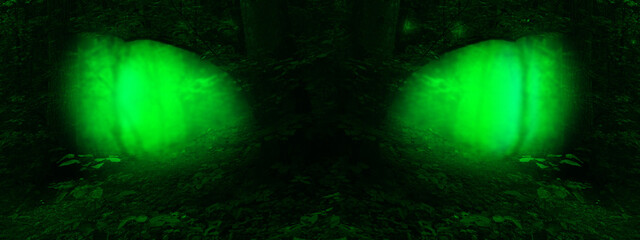Surreal green eyes of magical forest shining like a glows. Fantasy landscape
