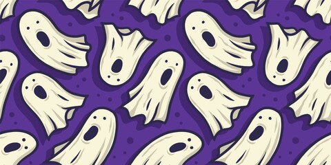 Colored seamless pattern with scary horrible ghost, spirit and soul for halloween holiday design. October party banner, poster or postcard