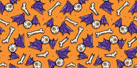 Colored seamless pattern with scary horrible eye, eyeball, bones and wings for halloween holiday design. October party banner, poster or postcard