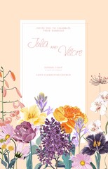 Floral wedding invitation card template design, wild flowers and herbs invitation,  vintage theme.