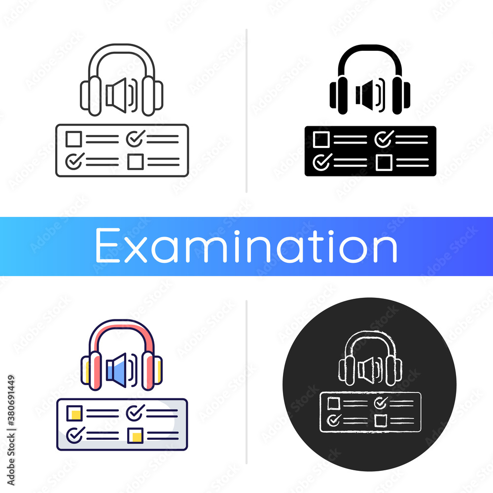Poster listening examination icon. comprehension practice tests. school and university education. improve l