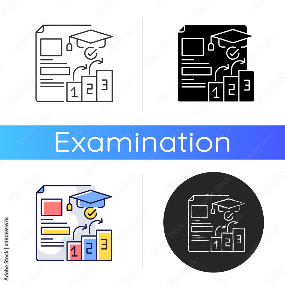 Poster placement tests icon. qualifications improving. education level. examination students. professional 